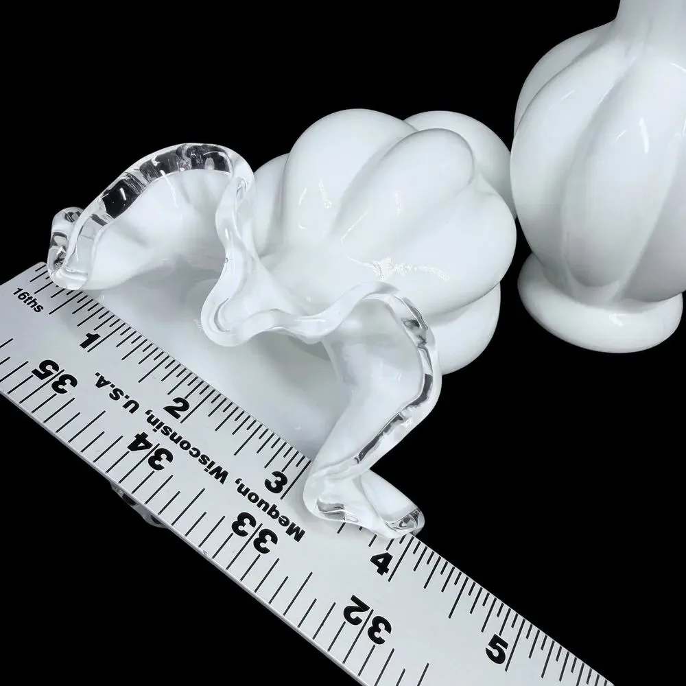 Vtg Fenton White Milk Glass Vase Clear Silver Crest Ruffled Rim Set of 2 Small